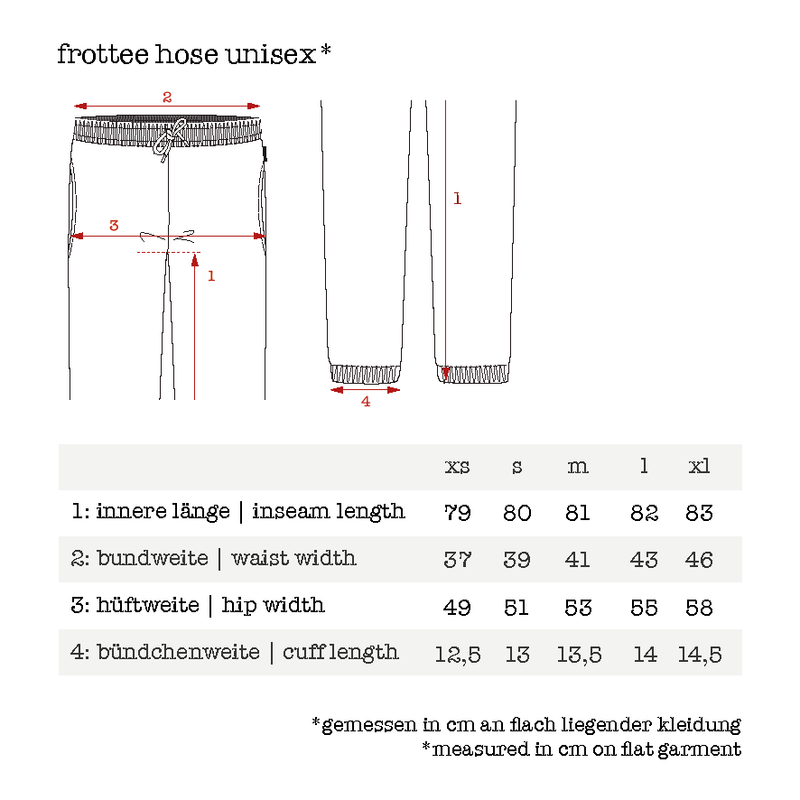 Größentabelle für Frottee Hose aus Bio-Baumwolle | Unisex