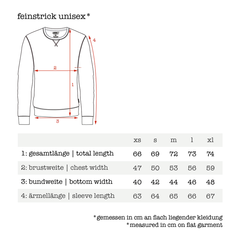 Größentabelle für Feinstrick Pullover aus Merinowolle | Unisex