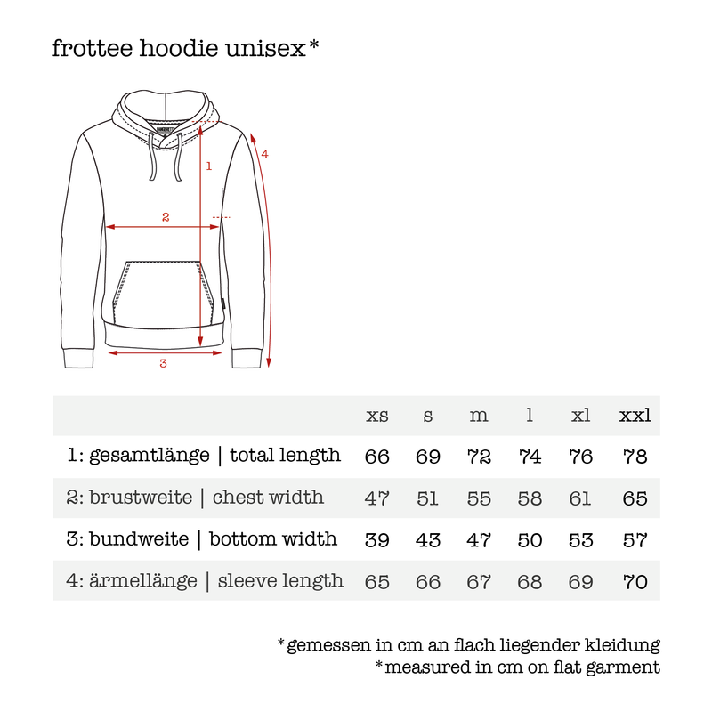 Größentabelle für Frottee Hoodie aus Bio-Baumwolle | Unisex